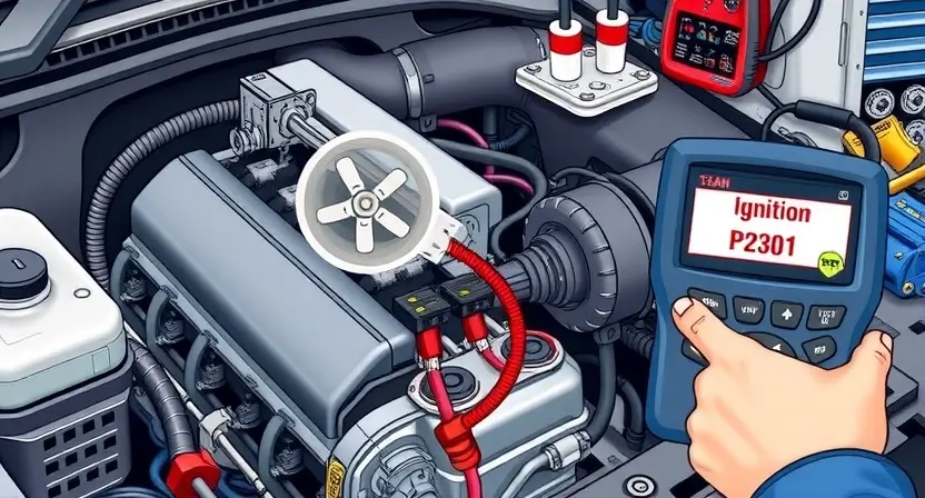 A detailed illustration of a car engine with a highlighted ignition coil, showing the electrical connections and components involved in the ignition system. The image should depict a mechanic using a diagnostic tool to scan the engine, with a focus on the error code P2301 displayed on the tool's screen. The background should include various diagnostic tools and equipment commonly used for engine diagnostics.