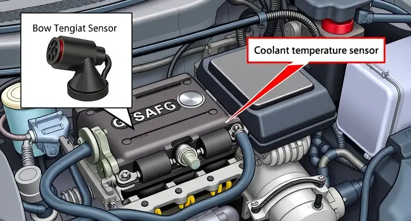 A detailed illustration of a car engine with a focus on the coolant temperature sensor and its connection to the engine control unit (ECU). The image should clearly show the sensor's location, wiring, and the surrounding engine components. The overall aesthetic should be clean and informative, suitable for a technical guide.
