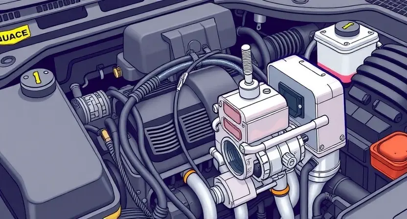 A detailed illustration of a car engine bay, focusing on the throttle body and related components. The throttle body should be clearly visible, with hoses and wiring connected. The engine should be in a state of slight malfunction, with visual cues suggesting a problem with the throttle control system (e.g., a slightly misaligned component, a subtle visual indicator of error). The overall lighting should be realistic, highlighting the details of the engine components.