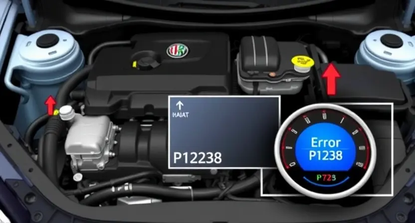 A detailed illustration of a Fiat or Alfa Romeo car engine bay, highlighting the P1238 error code displayed on a diagnostic screen. Focus on the engine components and the dashboard with the error message clearly visible.