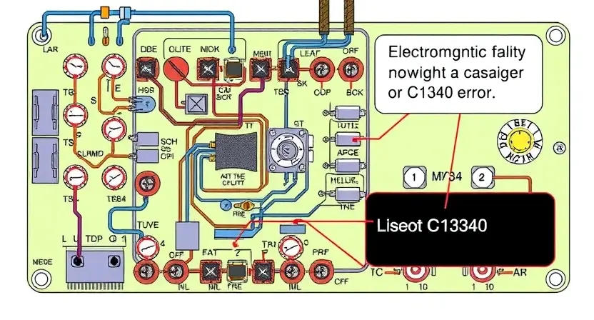A detailed technical illustration of an electromagnetic valve circuit board, highlighting the faulty component (likely a capacitor or resistor) causing the C1340 error. The board should show wiring, components, and potential damage. Focus on clarity and precision.