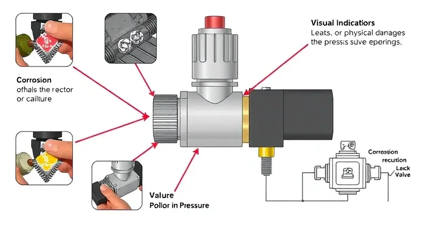 A detailed illustration of a solenoid valve, highlighting potential signs of failure. Show visual indicators like corrosion, leaks, or physical damage. Include a schematic diagram of the valve and its connection to a pressure system.