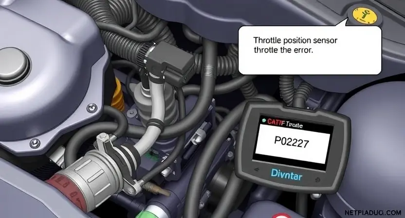 A detailed illustration of an engine bay with a focus on the throttle position sensor. Show the sensor connected to the throttle body, with wires and connectors clearly visible. Include a diagnostic tool connected to the sensor, displaying a P0227 error code. The background should be slightly blurred to emphasize the sensor and diagnostic tool.
