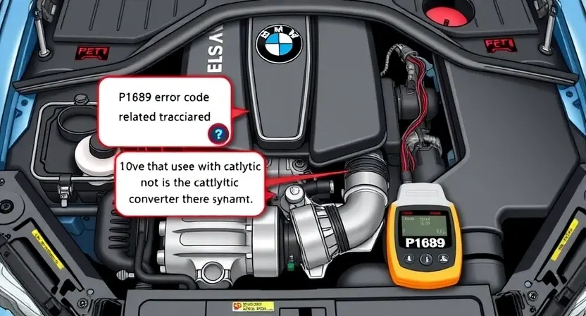 A detailed illustration of a BMW engine bay with a diagnostic tool connected to the engine's computer. Focus on the area where the P1689 error code might be related. Include visual cues suggesting a potential issue with the catalytic converter or exhaust system.
