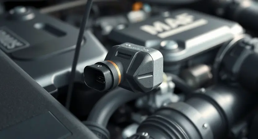 A close-up, detailed illustration of a car's engine bay. Focus on the mass airflow sensor (MAF sensor) and its surrounding components. The sensor should be clearly visible, with wires and hoses connected. The engine bay should appear clean and well-maintained. Use realistic lighting to highlight the sensor's details. The background should be slightly blurred to emphasize the MAF sensor.