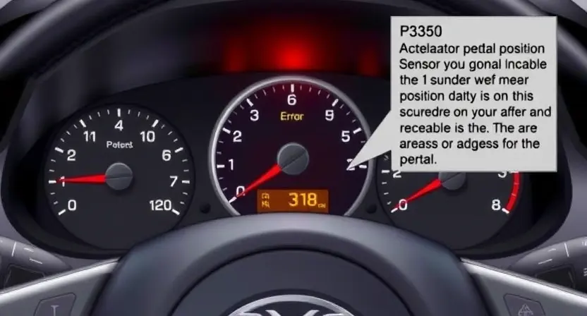 A detailed illustration of a car's dashboard with a warning light illuminated, specifically the P3350 error code indicator. The dashboard should show various gauges and controls, highlighting the area where the accelerator pedal position sensor is located. Focus on the visual representation of the error message and its impact on the vehicle's operation.