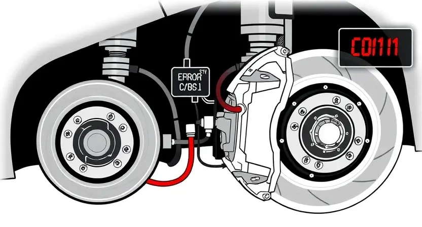 A detailed technical illustration of a car's ABS system showing the brake calipers, wheel speed sensors, and control module connected by wiring, with a glowing error code C0111 displayed on a diagnostic screen, clean modern automotive design, high-quality technical drawing, no text or numbers on the image