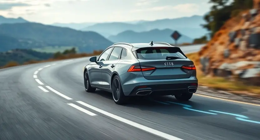 A modern car driving on a winding road through a scenic landscape. The car's stability control system is subtly highlighted with a faint, glowing blue line tracing the car's path, indicating its active role in maintaining control. Focus on the car's smooth handling and safe navigation of the curves.