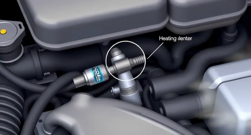A detailed illustration of a car engine with a highlighted oxygen sensor and its heating element. The image should show the sensor's location in the exhaust system and depict common symptoms of a malfunctioning heater, such as a check engine light on the dashboard and smoke from the exhaust. The scene should be realistic and detailed, focusing on the technical aspects of the sensor and its surroundings.
