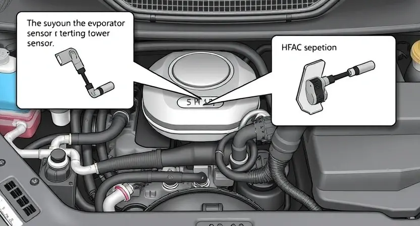 A detailed illustration of a car's engine bay, focusing on the evaporator sensor and related components. The sensor should be clearly visible, with wires and connections highlighted. Include diagrams showing the sensor's location and how it interacts with the HVAC system. The overall aesthetic should be technical and informative, suitable for a repair manual.
