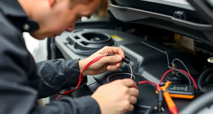 A mechanic is inspecting the electrical wiring connected to a fuel level sensor in a car's fuel tank. The scene should be well-lit and focused on the sensor and wiring. Tools like a multimeter or wire tester are visible. The car's interior is partially visible, suggesting a workshop environment. Emphasis on the connection points and wiring details.