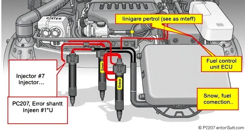 A detailed illustration of an engine's fuel injector circuit, specifically highlighting injector #7. Show the wiring, the injector itself, and the engine control unit (ECU). Focus on the components related to the P0207 error code.