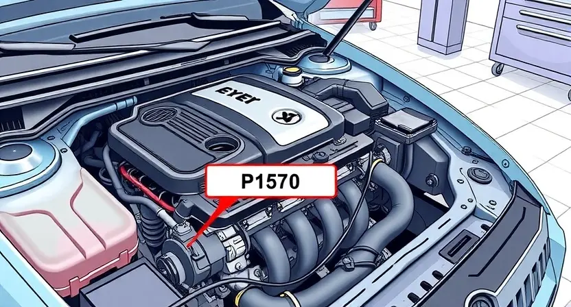 A detailed illustration of an automotive engine bay with a focus on the P1570 error code indicator. The engine should be partially disassembled, revealing wiring and sensors. A diagnostic tool is shown connected to the engine's computer. The background should be a clean, professional workshop environment.