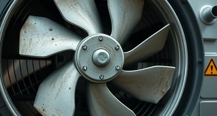 A close-up of a high-voltage cooling fan in an industrial or electrical system, showing signs of malfunction such as dust buildup, bent blades, or overheating marks, with subtle warning symbols like a yellow triangle or exclamation mark faintly visible in the background, realistic lighting, detailed textures, no text or labels