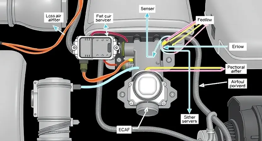 A detailed diagram illustrating a car's engine control unit (ECU) and the associated components of the air intake system, specifically focusing on the mass airflow sensor (MAF). Show the airflow path, the sensor's location, and the electrical connections. Use clear labels for each part. The diagram should be clean and professional, suitable for a repair manual.