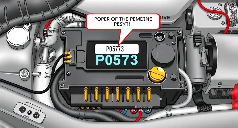 A detailed illustration of an engine control unit (ECU) with various sensors and wiring, highlighting the P0573 error code. The image should depict the internal components of the ECU and the external connections. Focus on clarity and technical accuracy.