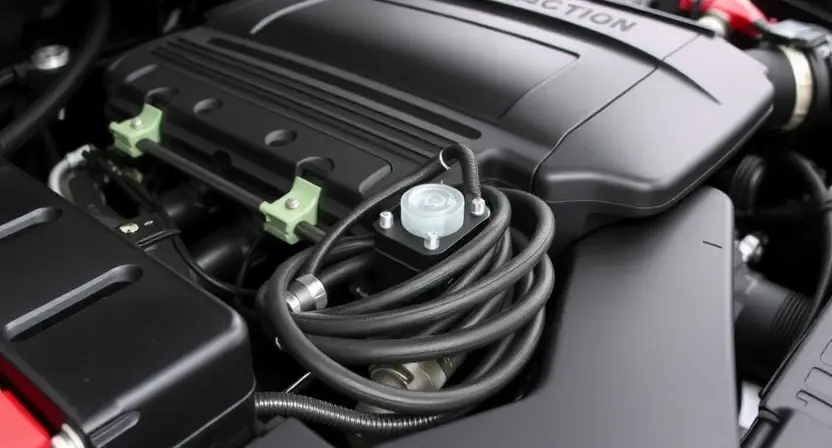 A close-up of a car's engine bay, focusing on the intake manifold and associated wiring. The image should clearly show the sensor and wiring harness related to the intake air temperature sensor. The engine should be clean and well-maintained.