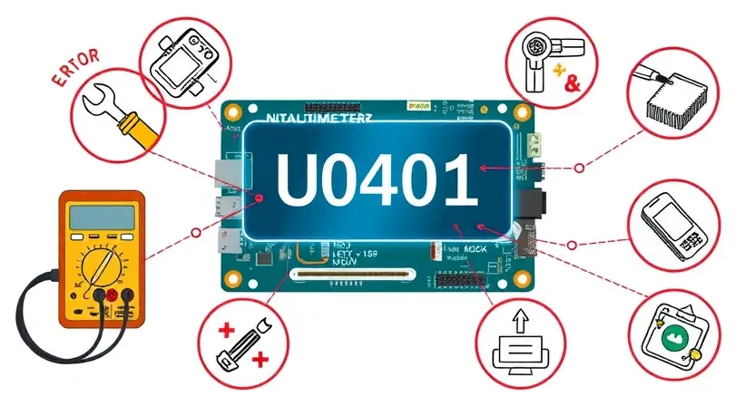 A high-quality technical illustration showing a computer motherboard with highlighted error code U0401 on a diagnostic screen, surrounded by icons of tools like a multimeter and circuit diagrams, clean white background, professional lighting, detailed components, no text or numbers visible on the image