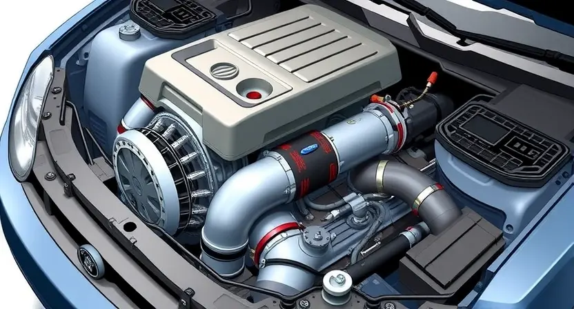 A detailed illustration depicting a car engine with a visible SCR (Selective Catalytic Reduction) system. The engine should be shown in a slightly exploded view, highlighting the components of the SCR system – urea injection, catalyst, and exhaust gas flow. The image should convey the complexity of the system and its role in reducing NOx emissions.