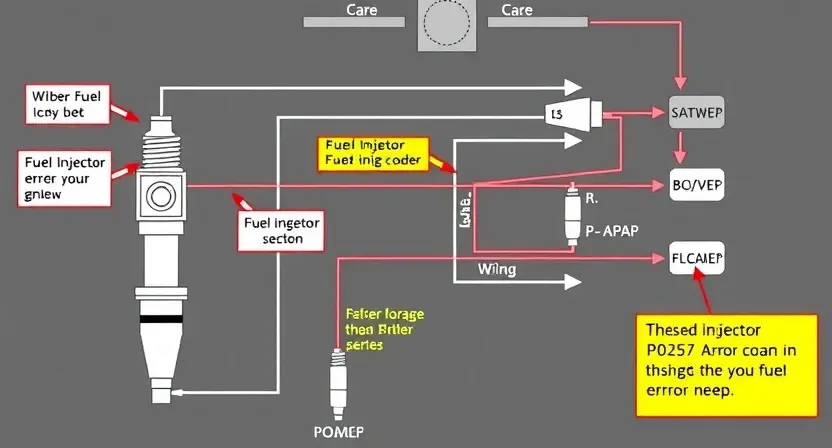 A detailed schematic diagram of a fuel injector circuit, highlighting the P0257 error code and its potential causes. Include visual representations of the injector, wiring, and relevant sensors. Focus on clarity and technical accuracy.