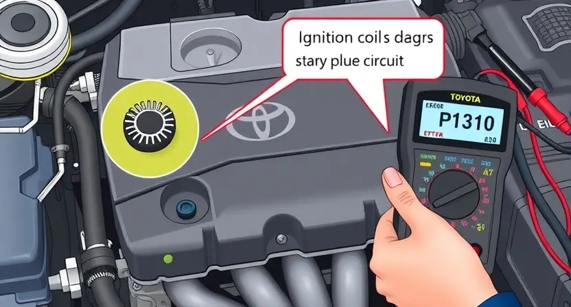 A high-quality technical illustration showing a Toyota engine with a highlighted ignition coil and spark plug wires, a diagnostic scan tool displaying error code P1310, and a mechanic's hand holding a multimeter to test the ignition circuit, all rendered in a clean, professional style with accurate automotive details