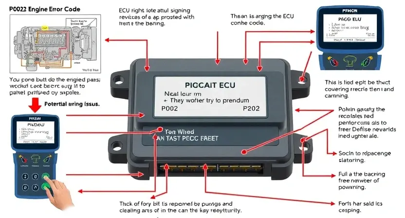 A detailed illustration of an engine control unit (ECU) with wiring diagrams and diagnostic tools surrounding it. Focus on the P0202 error code and how the ECU responds to it. Include visual representations of potential wiring issues and the diagnostic process.