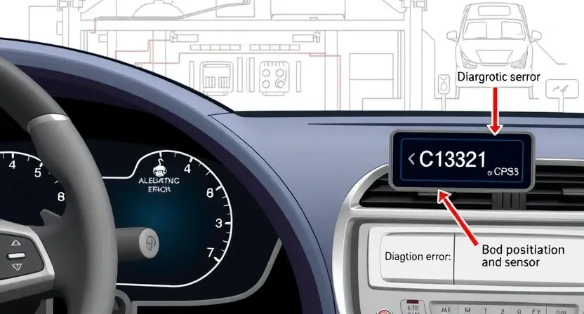 A detailed technical illustration of a car's body position sensor malfunction, showing a diagnostic error code C1321 on a digital display, with visible wiring and sensor components highlighted, clean technical background, high-quality engineering diagram, no text or numbers on the image