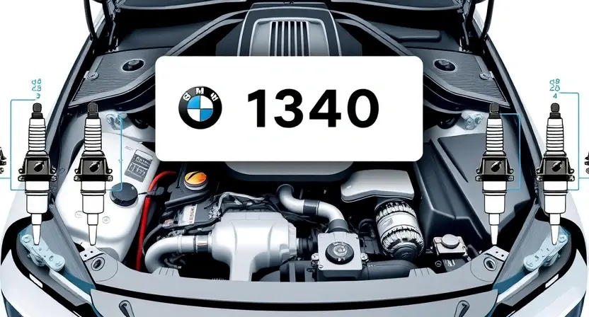 A high-quality technical illustration showing a BMW car engine with a highlighted diagnostic scanner displaying error code P1340, surrounded by clear diagrams of ignition coils and spark plugs, clean white background, professional automotive repair style