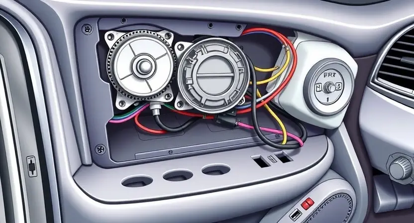 A detailed illustration of a car's passenger side window mechanism, highlighting the electrical components and wiring. Focus on the motor, gears, and control panel. The image should be clean and technical, suitable for a repair manual.