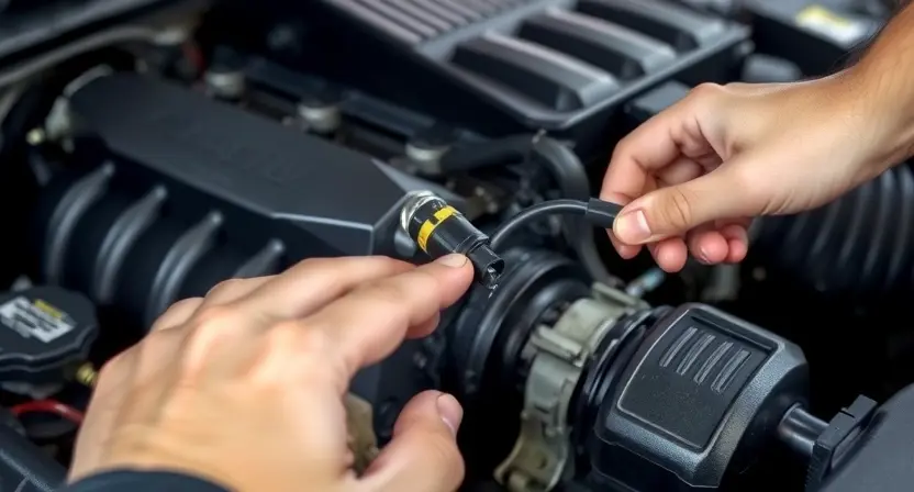 A close-up shot of a car engine bay, focusing on the intake manifold and associated wiring harness. A mechanic's hand is gently inspecting the wiring connections to the MAP sensor. The engine should be clean and well-lit, showcasing the details of the components. The overall impression should be one of careful and methodical diagnostics.