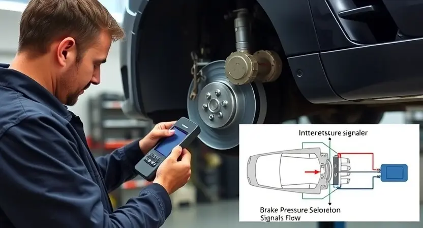 depict a mechanic in a garage inspecting a car’s brake pressure sensor, using a diagnostic scanner, with a schematic of the brake system showing intermittent signal flow, all without any text, letters, or digits
