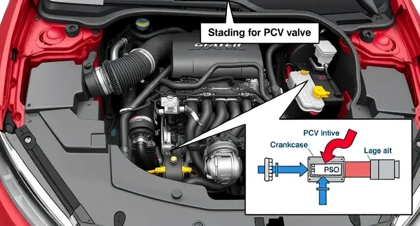 A detailed illustration of a car's engine bay with a visual representation of the PCV valve and associated hoses. The image should clearly show the PCV valve and its connection to the intake manifold and crankcase. Include a schematic diagram highlighting the airflow path.