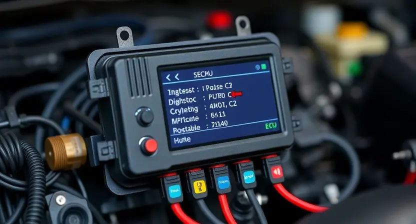 A close-up, detailed illustration of an engine control unit (ECU) with highlighted sensor connections and diagnostic codes displayed on a small screen. The background should be a slightly blurred automotive repair shop environment. Focus on the technical aspects of the ECU and its connection to the vehicle's systems.