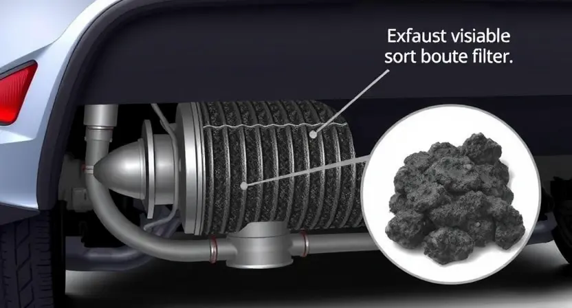 A detailed illustration of a car's exhaust system, specifically focusing on the Gasoline Particulate Filter (GPF) with visible soot buildup. The image should show the internal structure of the GPF, highlighting the areas where soot accumulates. Include a close-up view of the soot deposits to emphasize the issue. The surrounding components of the exhaust system should also be visible to provide context.