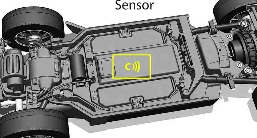 A detailed illustration of a car's chassis with a highlighted sensor. The sensor should be clearly visible, and the surrounding area should depict the vehicle's body structure. Focus on the location where the body position sensor is typically found.