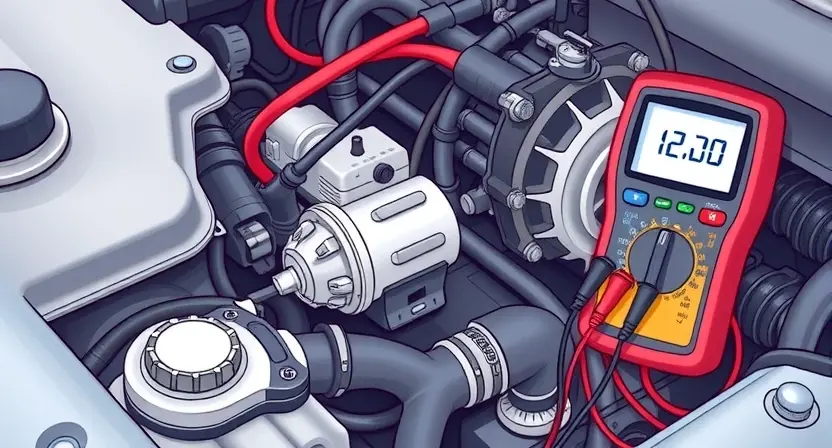 A detailed illustration of an engine bay with a close-up on the crankshaft position sensor (CKP). The sensor should be clearly visible, along with wiring and connectors. Tools like a multimeter and a diagnostic scanner should be present, suggesting a repair or diagnostic process. The background should be slightly blurred to emphasize the sensor and its surroundings.