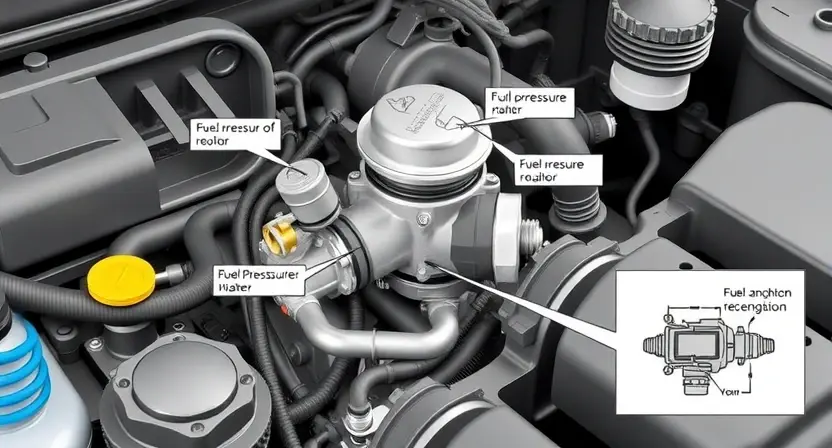 A high-quality technical illustration showing a fuel pressure regulator in a vehicle engine, with clear labels and diagrams indicating a malfunction, surrounded by relevant engine components, in the style of HQ-832-448-h