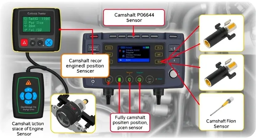 A detailed illustration of a car's engine control unit (ECU) with various diagnostic tools connected, highlighting the P0644 error code. Include visual representations of the affected sensor and potential causes like a faulty camshaft position sensor.