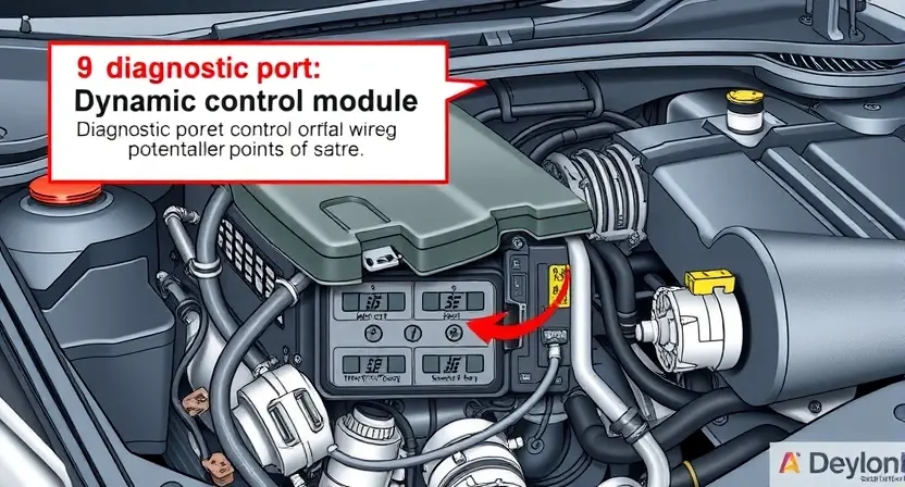 A detailed illustration of a car's engine bay with a highlighted section showing the diagnostic port and wiring related to the dynamic control module. Focus on the connections and potential points of failure. The overall scene should be clean and well-lit, emphasizing technical accuracy.
