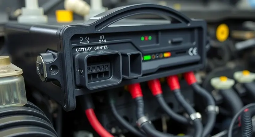 A close-up, detailed illustration of an automotive engine control unit (ECU) with highlighted sensor connections. Focus on the wiring and connectors related to a high signal issue. The background should be a blurred automotive repair shop environment.