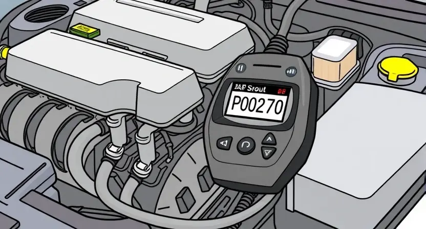 A detailed illustration of a car's engine bay with a diagnostic code reader displaying "P0270". The engine should be partially visible, showing various components like hoses, wires, and sensors. Focus on the code reader and its display.