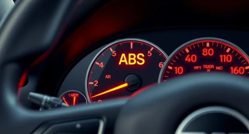 A close-up, detailed illustration of a car's dashboard with the ABS warning light illuminated. The focus should be on the warning light itself, with subtle hints of the instrument cluster and steering wheel in the background. The overall color palette should be realistic and automotive-focused, with a slightly muted tone to emphasize the warning.