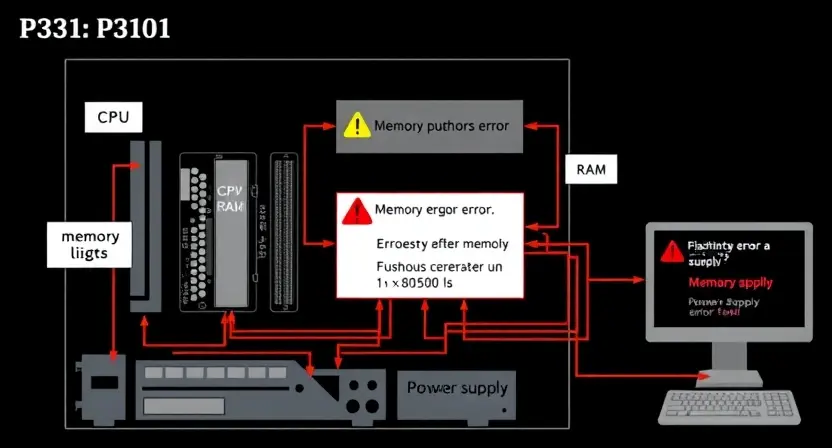 A detailed schematic diagram illustrating the P3101 error code in a computer system. The diagram should show the relevant components (CPU, RAM, motherboard, power supply) and highlight the potential causes of the error. Include visual cues representing memory errors, such as flashing lights or error messages on a monitor.