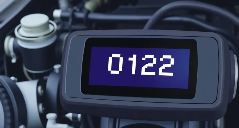 A close-up, detailed illustration of an engine's diagnostic interface displaying a "P0122" error code. The background should subtly show engine components, focusing on the sensor or system related to the error. The overall aesthetic should be clean and informative, emphasizing technical accuracy.