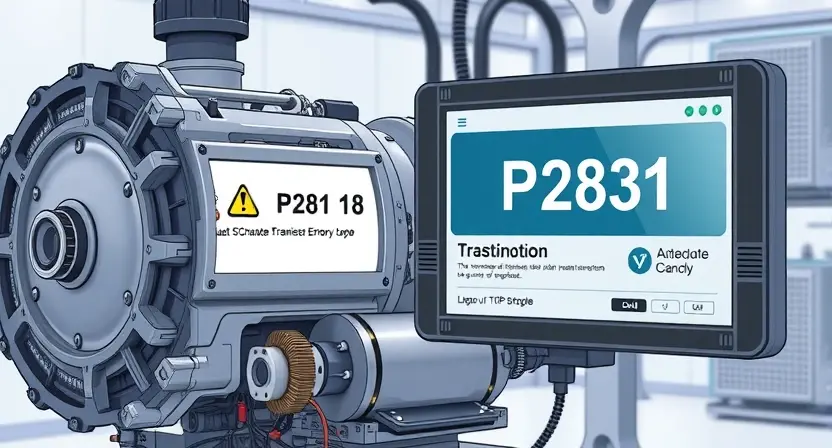 A detailed illustration of a robotic transmission box with a P2831 error message displayed on a screen. The box should be complex, with visible gears, actuators, and wiring. The screen should show the error code clearly, with accompanying diagnostic information. The background should be a clean, technical environment.