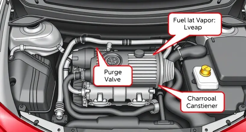 A detailed diagram illustrating the EVAP system in a car, highlighting the location of the purge valve, charcoal canister, and associated hoses. Arrows should indicate the flow of fuel vapors. The diagram should be clean, professional, and easy to understand, focusing on the components related to the P2422 error.