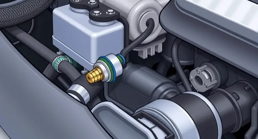 A close-up, detailed illustration of a car's engine bay, focusing on the oxygen sensor and its wiring. The sensor should be clearly visible, along with the surrounding engine components. The image should convey a sense of technical precision and diagnostic inspection.