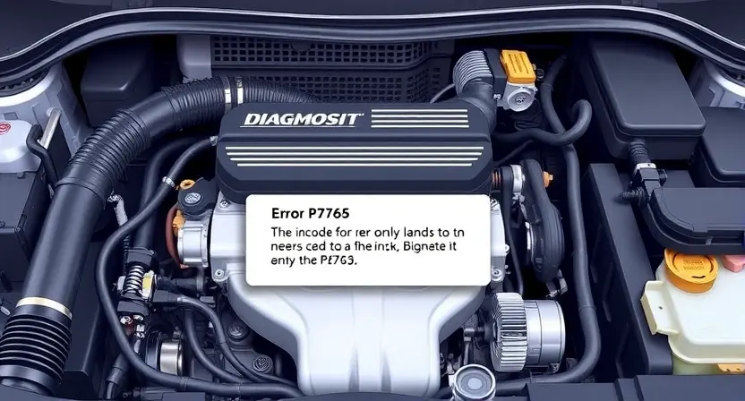 A detailed illustration of an automotive engine bay with a focus on the diagnostic panel displaying error code P2765. The engine should be partially visible, showcasing various components like hoses, wires, and sensors. The diagnostic panel should clearly show the error code and a brief explanation. The overall lighting should be bright and informative, highlighting the details of the engine and the panel.