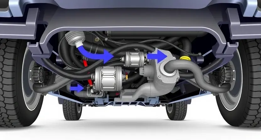 A detailed technical illustration of a car's undercarriage, specifically focusing on the differential pressure sensor and its connection to the vehicle's control system. The sensor should be clearly visible, along with the relevant hoses and wiring. The background should show a simplified representation of the engine compartment and chassis components. The overall image should convey a sense of precision and technical accuracy.