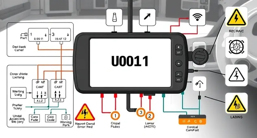 A technical illustration showing a vehicle's CAN bus system with a highlighted error code U0011 on a diagnostic screen, surrounded by schematic wiring diagrams and warning icons, clean technical style, high detail, no text or numbers on the image